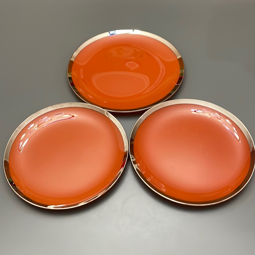 Set/Lot Vintage Dinner Plates Orange With Gold Rim Made France RARE 2-11”& 1-13”